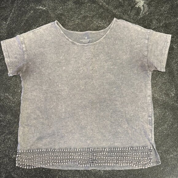 AE Blue Short Sleeve Top, Crochet Trim, M - Picture 2 of 5